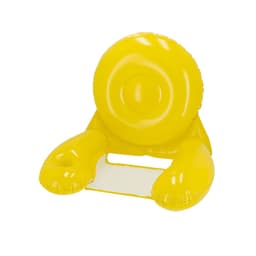 A yellow inflatable armchair with armrests and a central mesh section. It features a branding logo.