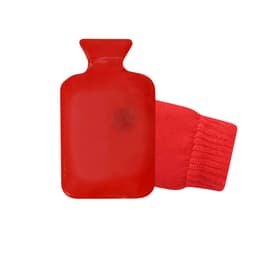 A red hot water bottle with a soft, red knitted cover rests beside it. It has a logo on the bottle.