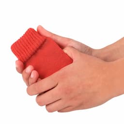 A red sock is being held with both hands. The material looks soft and stretchable.