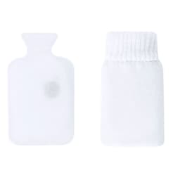A clear hot water bottle with a white knitted cover, designed for comfort and warmth.
