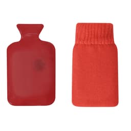 A red hot water bottle with a knitted cover, designed for personal health and comfort.