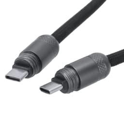 A charging cable in black, featuring textured connectors on both ends. The cable has a braided finish and includes a logo.