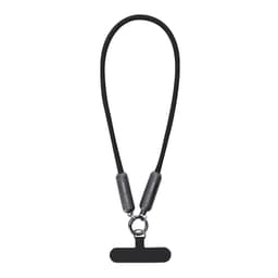A black charging cable with grey connectors, featuring a loop for easy attachment. It has a simple, sleek design.