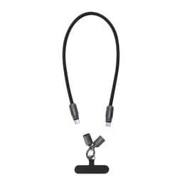 A black charging cable with connectors on both ends and a logo. The design features a flexible, durable cord.