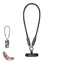 A flexible black charging cable with attached clips, designed for connecting devices. Features a branding logo.