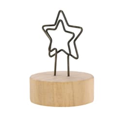 A star-shaped metal clip holder on a wooden base. The clip is grey, and the base is natural wood.