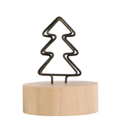 A decorative tree-shaped wire stand mounted on a round wooden base. The wire is dark, contrasting with the light wood.