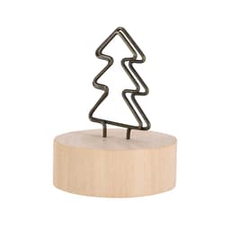 A decorative item featuring a metal wire Christmas tree on a wooden base, displaying a minimalist design.