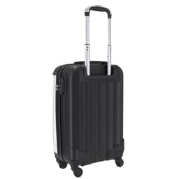 A wheeled black bag with a durable exterior and retractable handle, featuring multiple wheels for easy mobility.