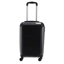 A black wheeled bag with a retractable handle and four wheels for easy mobility. It features a shiny exterior and a logo.