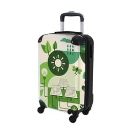 A wheeled bag with a green and white eco-themed design featuring plants, solar panels, and a sun. It has a retractable handle.
