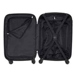 A black wheeled bag with a spacious interior, featuring zippered compartments and straps for securing items.