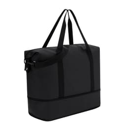 A large black tote bag with dual handles and an adjustable shoulder strap. It features a sturdy base and a logo.