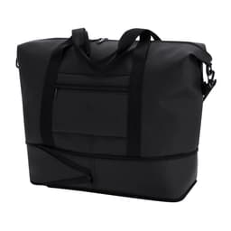 A black tote bag with short and long straps, featuring a front zippered pocket. It has a sleek, minimalist design.