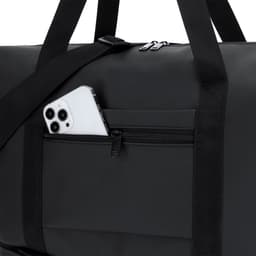 A black bag featuring a zippered pocket with a smartphone partially visible, designed for versatility.