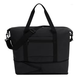 A black tote bag featuring dual handles, an adjustable shoulder strap, and multiple zippered compartments. It has a logo.