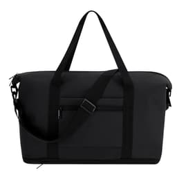 A black bag with dual handles and an adjustable strap, featuring a front zip pocket and a smooth finish.