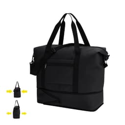 A black bag with dual handles and an adjustable strap, featuring a front zip pocket and expandable bottom compartment.