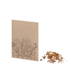 A packet of bee flower seeds in a brown paper envelope, accompanied by a small mound of seeds.