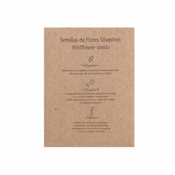 A packet of wildflower seeds on a brown eco-friendly background, featuring simple illustrations and instructions.