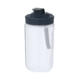 A clear drink bottle with a dark blue lid, featuring a straw and a logo on the front.