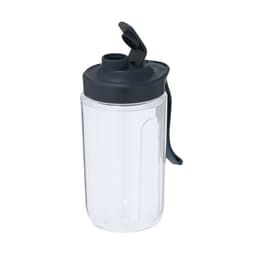 A clear drink bottle with a black lid and handle, designed for blending and mixing beverages.