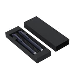 A sleek black gift box containing two metal pens in a navy blue finish, featuring a logo.