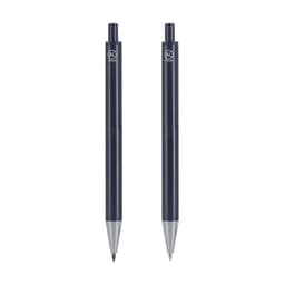 A metal pen set featuring two pens in navy blue with silver accents. Each pen has a logo displayed.