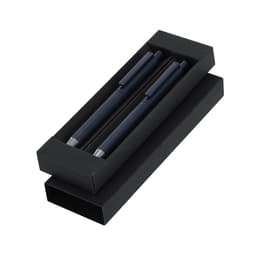 A gift set featuring two metal pens in a sleek black box, with a minimalistic design and silver accents.