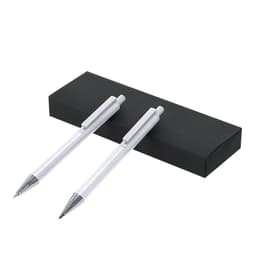 A metal pen set in white, presented in a sleek black box with two pens and a branding logo.