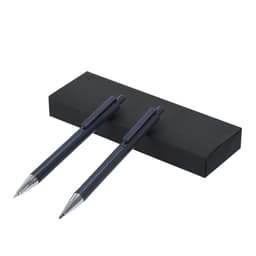 A gift set featuring two metal pens in navy blue, presented in a sleek black box with a branding logo.