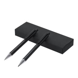 A gift set featuring two black metal pens displayed in a sleek black box with a logo.