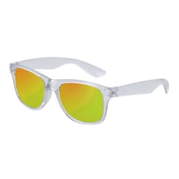 Sunglasses with a clear frame and mirrored lenses featuring a gradient of yellow and orange. Includes a logo on the frame.