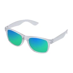Sunglasses with clear frames and gradient blue-green lenses, featuring a logo on the side.