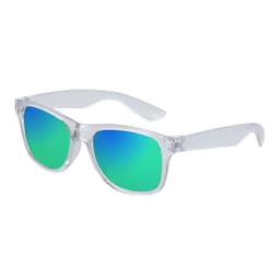 A pair of sunglasses with clear frames and reflective green-blue lenses, featuring a logo on the side.