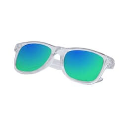 Clear-framed sunglasses with blue and green gradient lenses, featuring a logo on the arm.