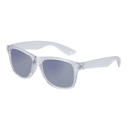 A pair of clear sunglasses with grey lenses and a logo on the side, ideal for leisure and outdoor activities.