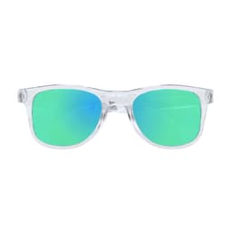 A pair of sunglasses with clear frames and green-blue mirrored lenses, featuring a logo on the arm.