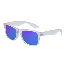 Sunglasses with clear frames and gradient blue lenses, featuring a logo on the side.