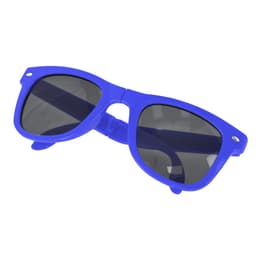 A pair of blue sunglasses with dark lenses, featuring a classic retro design and a logo on the side.