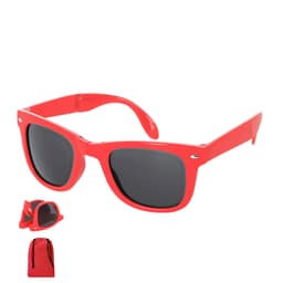 Red sunglasses with dark lenses, accompanied by a matching case and drawstring bag. The product features a logo.