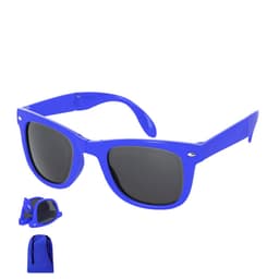 A pair of vibrant blue sunglasses with dark lenses, packaged with a matching drawstring bag.