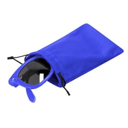 A pair of black sunglasses in a blue pouch. The pouch features a drawstring closure and a smooth finish.