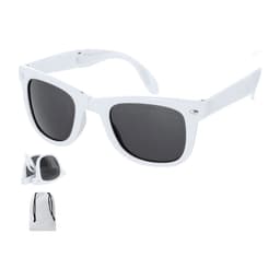 White sunglasses with dark lenses and a matching carrying pouch. Includes a branded logo.