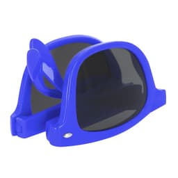 A pair of blue sunglasses with black lenses, featuring a sleek design and a logo on the side.