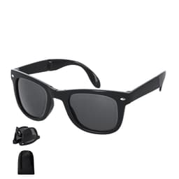 Black sunglasses with dark lenses, accompanied by a black case and a pouch. The sunglasses feature a logo on the frame.