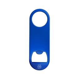 A blue drink bottle opener featuring a round handle and a bottle opening mechanism. It has a logo.