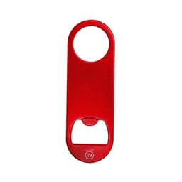 A red bottle opener with a circular handle and a flat base, featuring a logo.