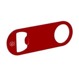 A drink bottle opener in a vibrant red colour, featuring a logo on the surface.