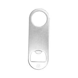 A silver bottle opener with a circular handle and a flat design, featuring a branding logo.